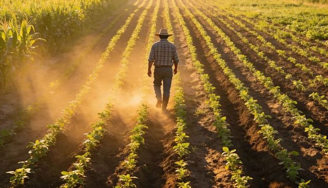 Farmer walking through sunlit crop rows at golden hour inspecting young seedlings and soil