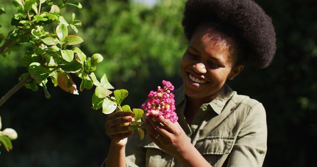 Smiling african american senior woman holding flowering plant in sunny garden - Download Free Stock Photos Pikwizard.com