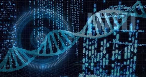 Digital dna double helix data visualization on futuristic hud with streaming code