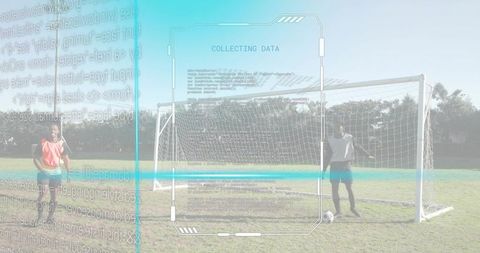 Soccer players using augmented reality performance tracking on grassy training field