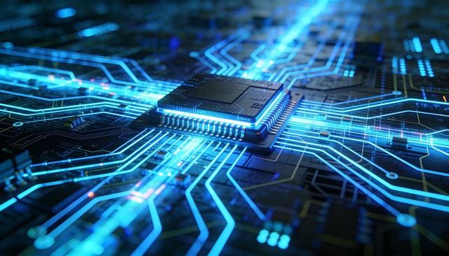 Neon-blue microprocessor radiating high-speed data across dark printed circuit board