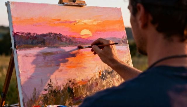 Male artist painting vibrant lakeside sunset on canvas outdoors with brush and palette