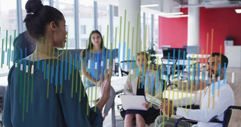 Female leader presenting data to diverse office team