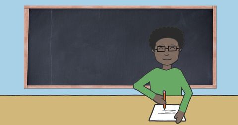 Cartoon Student Writing with Blackboard in Classroom Setting - Download Free Stock Images Pikwizard.com