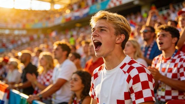 Blond fan shouting in red-and-white jersey at lively stadium match, cheering fans