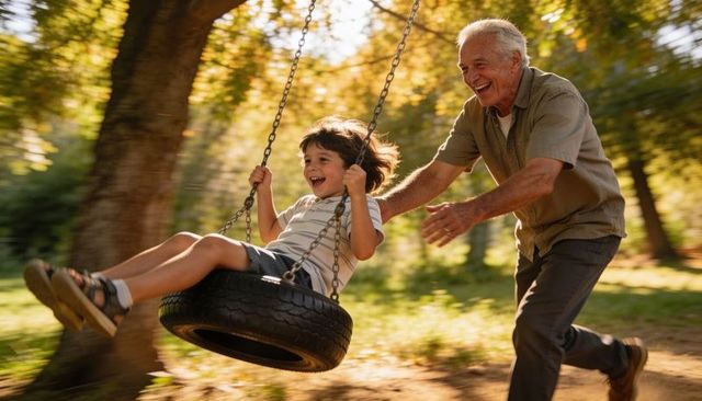 Grandfather pushing grandson on tire swing laughing and playing in sunlit park