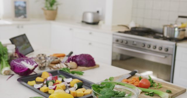 Modern Kitchen Counter with Fresh Vegetables and Cooking Utensils - Download Free Stock Images Pikwizard.com