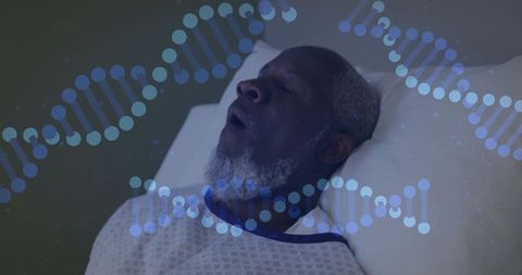 Senior man resting in hospital bed with dna overlay symbolizing medical science