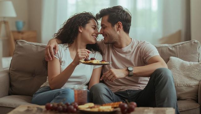 Couple sharing snacks on sofa cuddling and smiling in cozy sunlit living room