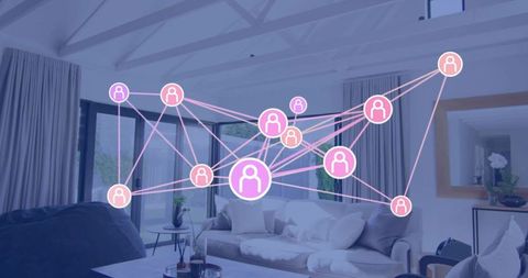 Holographic Smart Home Connectivity Network Floating Above Modern Minimalist Living Room