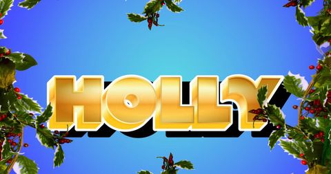 Festive christmas text design with holly decorations on blue background