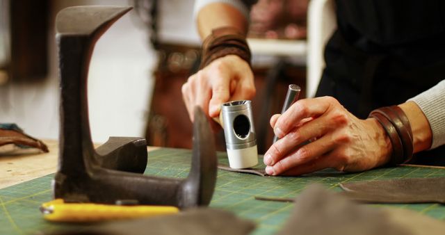 Craftsperson Working with Leather Close-up, Using Precision Tools - Download Free Stock Images Pikwizard.com