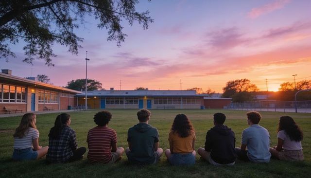 High school teens watching sunset on campus field at dusk with colorful sky