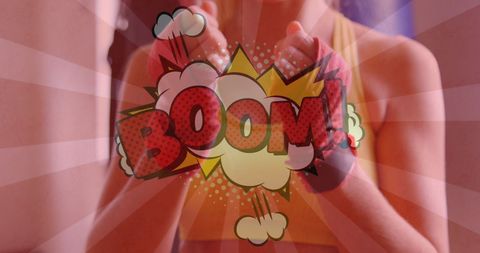 Female boxer with comic style boom text overlay