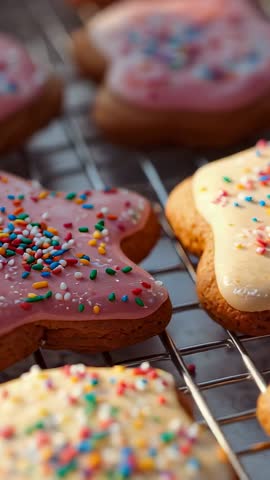Vertical video panning over pink-iced cookies with sprinkles on cooling rack