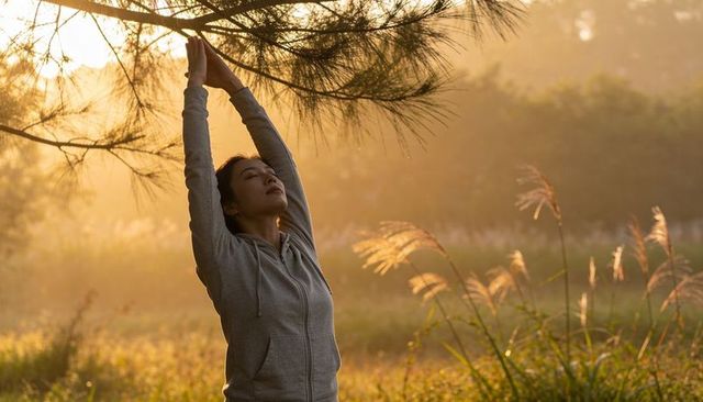 Morning stretching woman practicing gentle yoga in golden meadow under pine branches