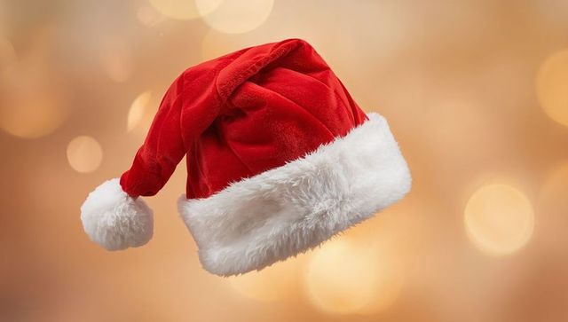 Floating Santa Hat with Velvet Red and White Faux-Fur Trim on Golden Bokeh Backdrop