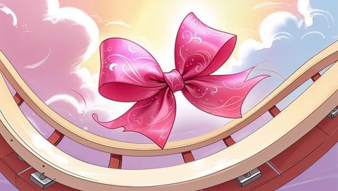 Whimsical floating pink ribbon bows challenge in fantasy sky