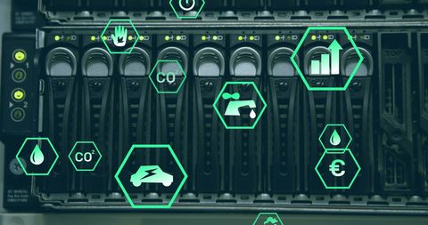 Digital server network with technological and environmental icons