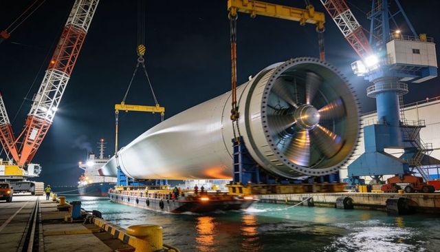 Transporting giant offshore turbine component by twin cranes at port at night