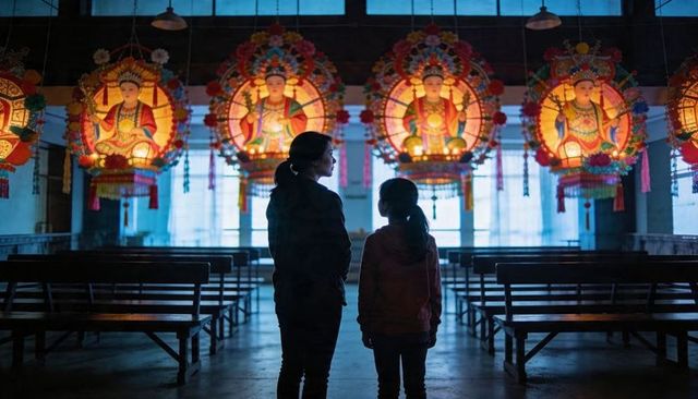 Mother and child standing under glowing buddhist deity lanterns in tranquil temple hall