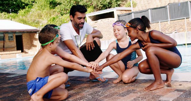 Swimming Instructor Motivating Children in Team Huddle by Pool - Download Free Stock Images Pikwizard.com