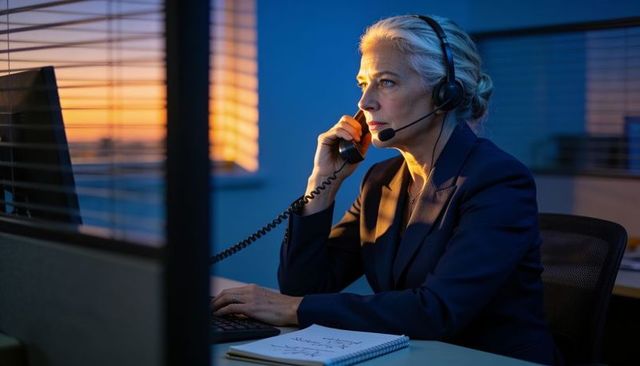 Senior professional woman speaking on headset in office cubicle during sunset call