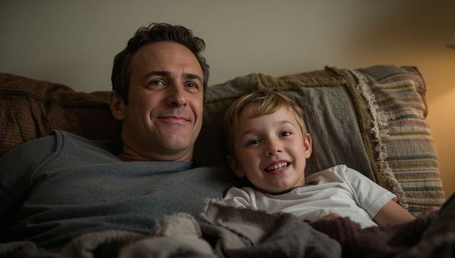 Father and son cuddling on couch smiling during cozy evening at home bedtime bonding