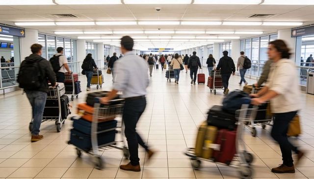 Passengers pushing luggage carts walking through busy airport concourse toward gates