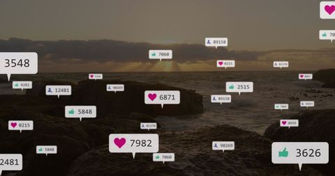 Social Media Engagement Overlay on Ocean Landscape - Download Free Stock Images Pikwizard.com