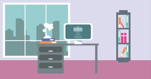 Office desk with ai chat display and books