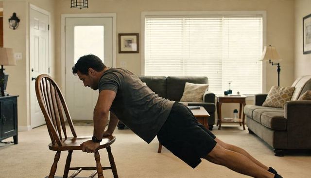 Man performing elevated push-up on dining chair in cozy living room home workout