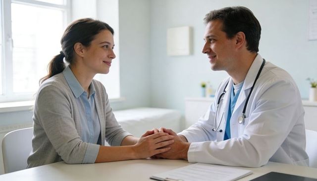 Doctor holding patient hands while comforting during consultation in modern medical clinic