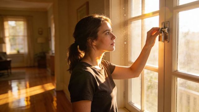 Young woman adjusting window latch in golden sunlight with dust motes, warm wood interior