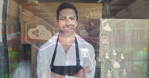 Smiling Man in Data Center with Overlay of Technology Icons