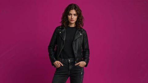 Confident female burglar model posing in leather jacket against magenta background