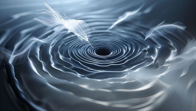 Luminescent feather and vortex created in rippling liquid