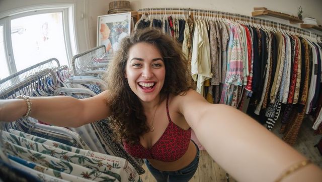 Woman Taking Selfie in Boutique with Clothing Racks
