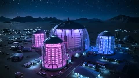Pulling Back Aerial Reveal of Neon-Lit Modular Colony Domes in Remote Mountain Valley at Night