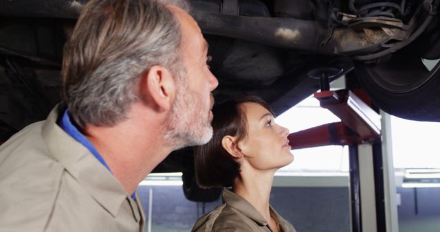 Mechanics Inspecting Car Undercarriage at Repair Shop - Download Free Stock Images Pikwizard.com