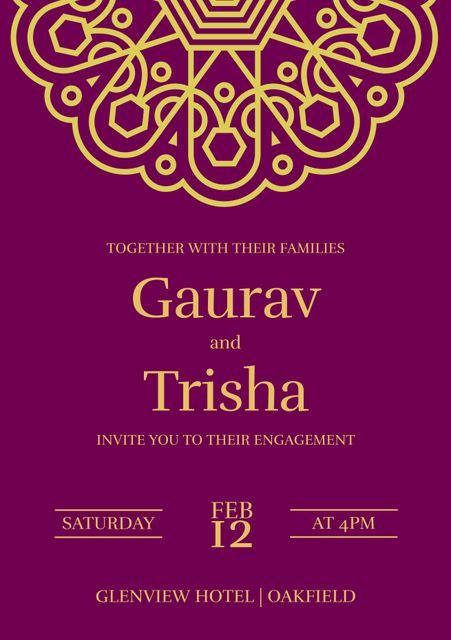 This sophisticated engagement invitation features an elegant gold pattern on a rich purple background. The intricate design complements formal or luxurious engagement parties. Perfect for digital invitations, print cards, and social media announcements.