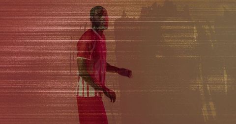 Athletic Man in Red Jersey with Digital Glitch Effect
