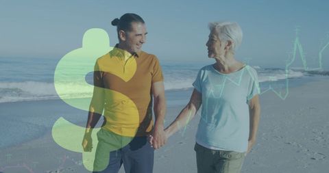 Couple Walking on Beach with Financial Overlay Concept