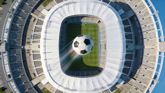 Aerial stadium with giant soccer ball moving over football pitch, overhead sports arena