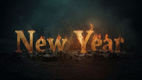 Glowing Golden New Year Text Burning with Flames, Sparks and Embers Rising on Charred Ground