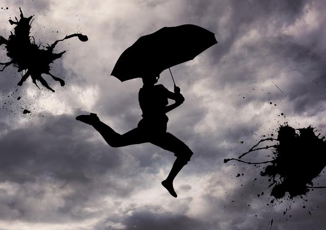 Dynamic representation of freedom and movement, highlighting the contrasting silhouette of a leaping woman holding an umbrella against a cloudy, dramatic sky. Ideal for creative projects, advertisements, and motivational posters focusing on concepts like freedom, adventure, and creativity.