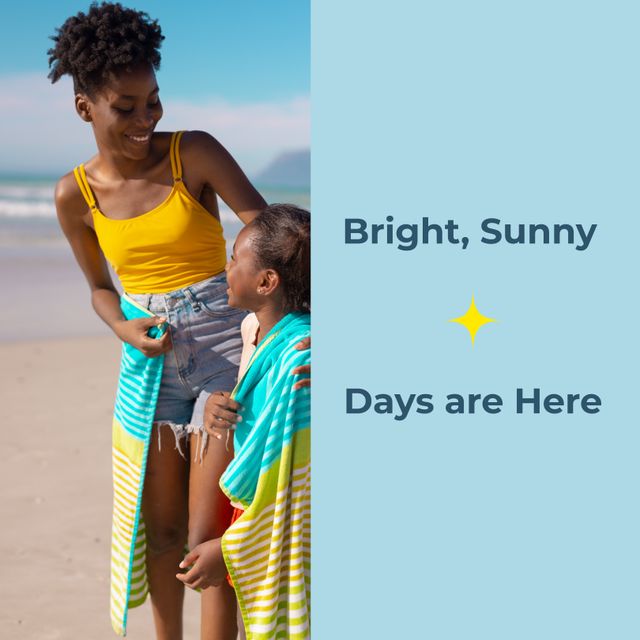 Perfect for summer vacation, family bonding moments, and beach holiday advertisements. Use in marketing campaigns for beachwear, sunscreen, and family-oriented products.