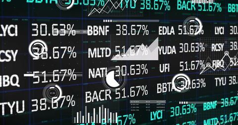 Financial dashboard display with stock tickers and analytics graphs