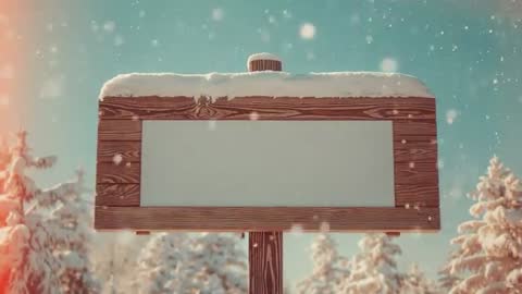 Blank Wooden Signboard in Snowy Winter Forest with Falling Snowflakes