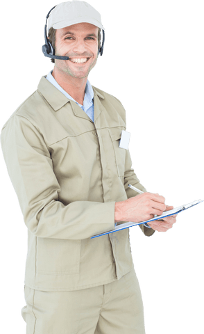 Transparent Happy Delivery Man in Headphones Taking Notes - Download Free Stock Videos Pikwizard.com